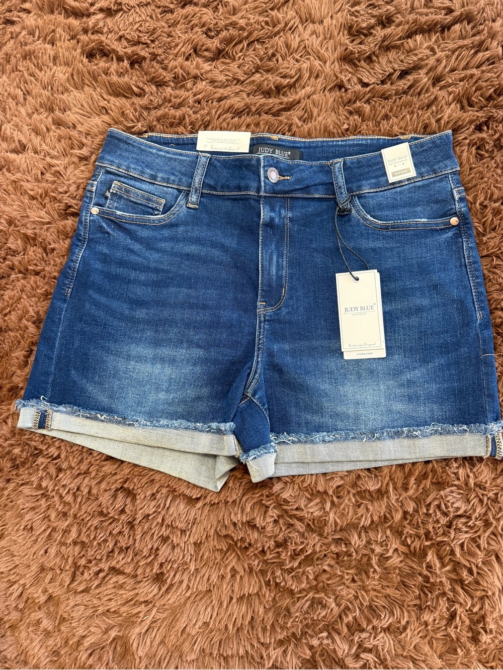 Judy Blue Medium Blue Rolled Frayed Hem Denim Shorts